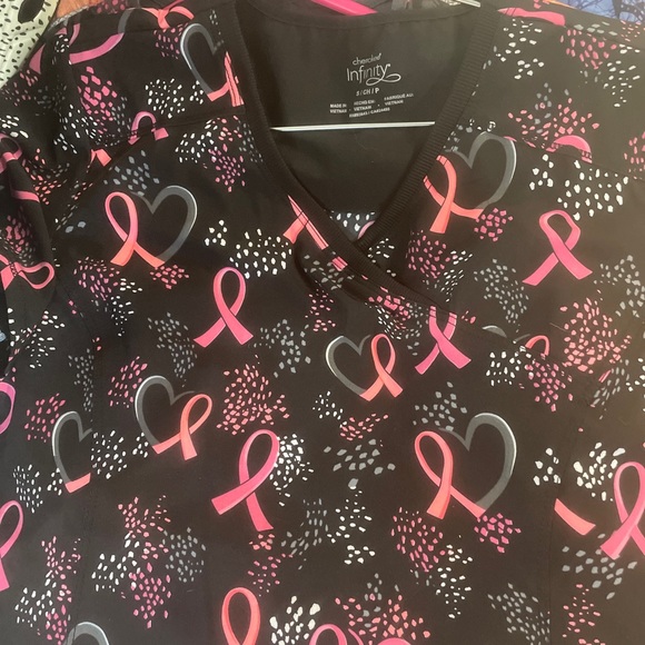 Breast Cancer Ribbon Scrub Top Small Cherokee Infinity - Picture 2 of 3